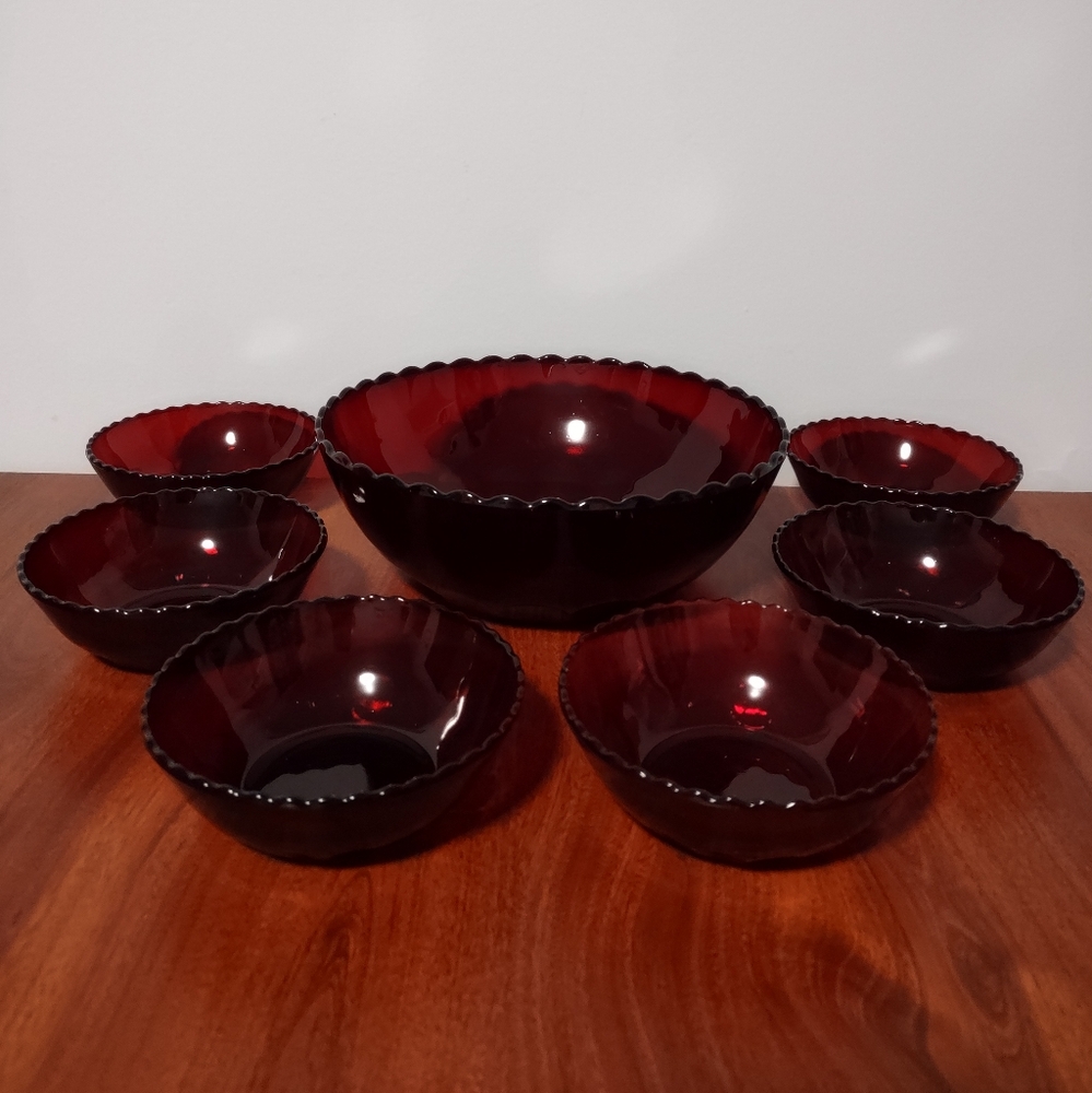 7pc Anchor Hocking Royal Ruby Red Thumbprint Pattern 1 Large & 6 Small Bowls